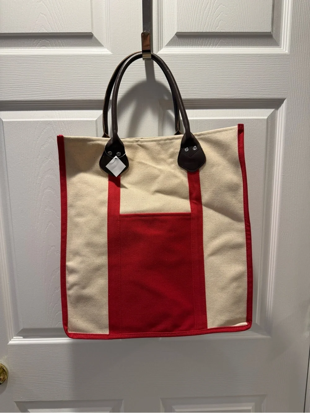 Canvas Tote Bag with Red Accent and Brown Handles